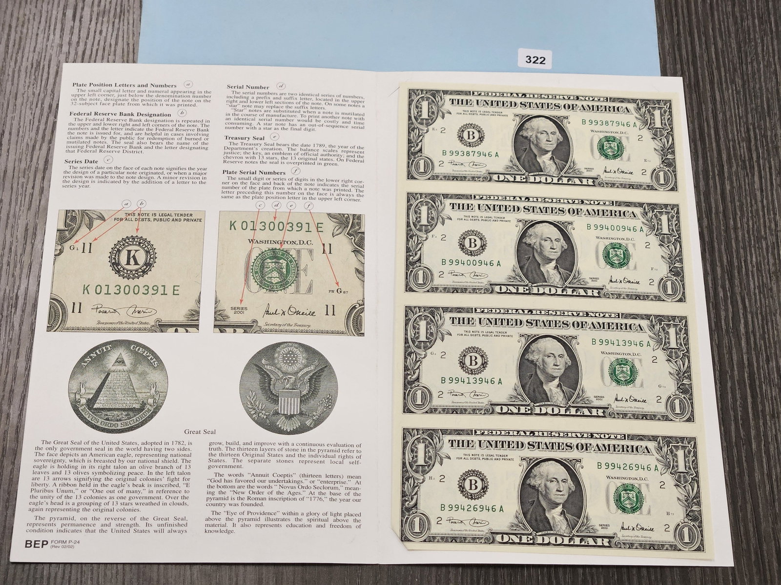 Series 2001 One Dollar Federal Reserve Note Uncut Sheet - 2