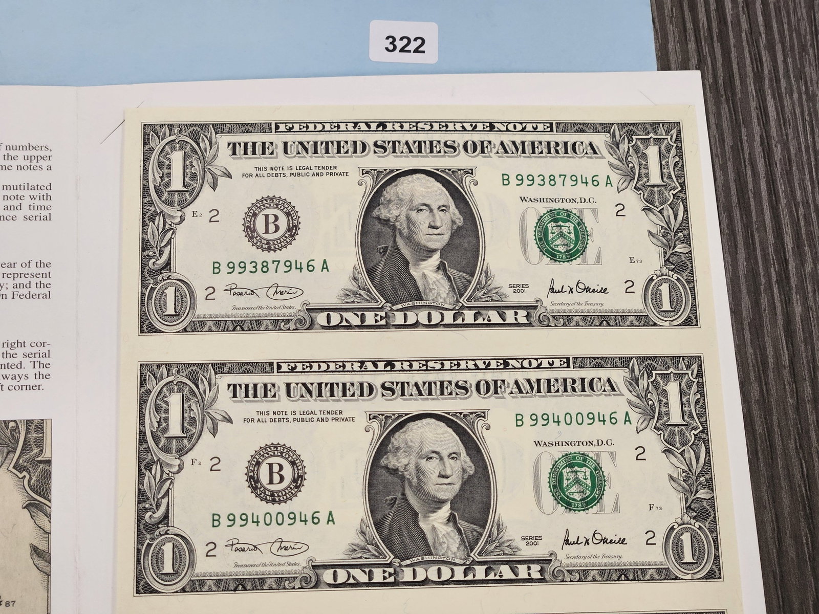 Series 2001 One Dollar Federal Reserve Note Uncut Sheet - 3