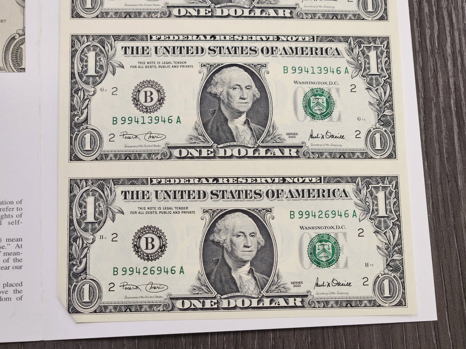 Series 2001 One Dollar Federal Reserve Note Uncut Sheet - 4