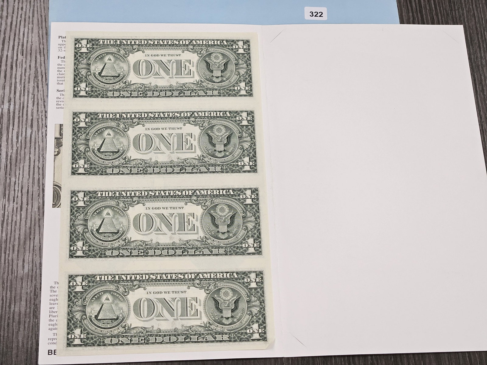 Series 2001 One Dollar Federal Reserve Note Uncut Sheet - 5
