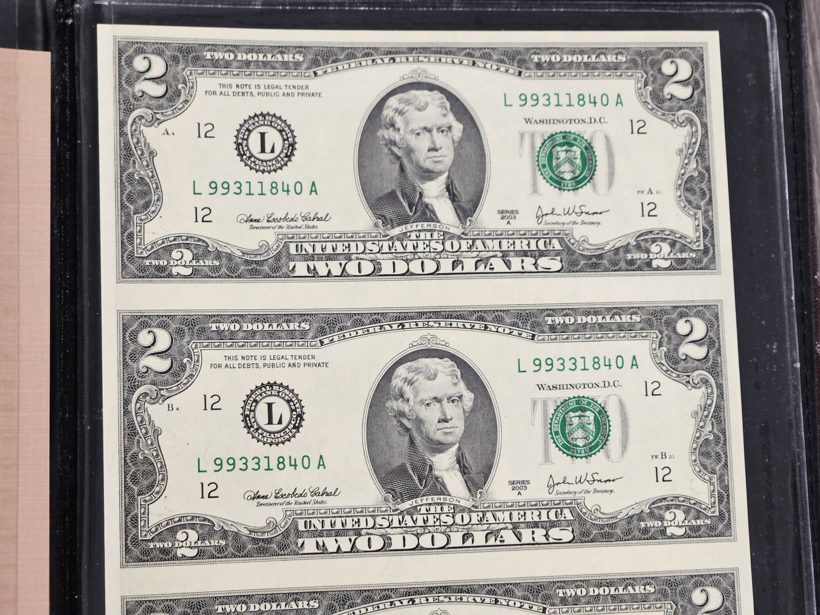 Series 2003 Two Dollar Federal Reserve Note Uncut Sheet - 3