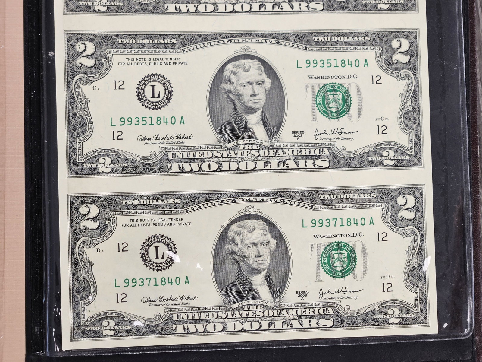 Series 2003 Two Dollar Federal Reserve Note Uncut Sheet - 4