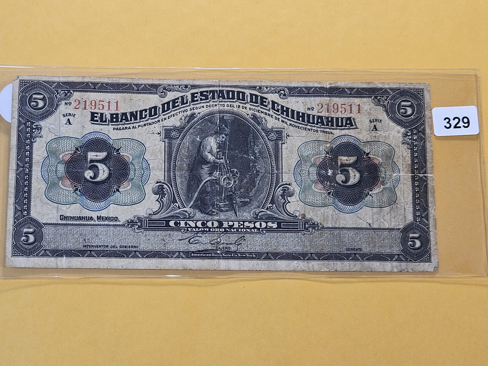 1913 Mexico Five Peso Note with Movie Promotions on the back: Chihuahua, Mexico. Movies on reverse are "It Happened Tomorrow" and "Hey Rookie"