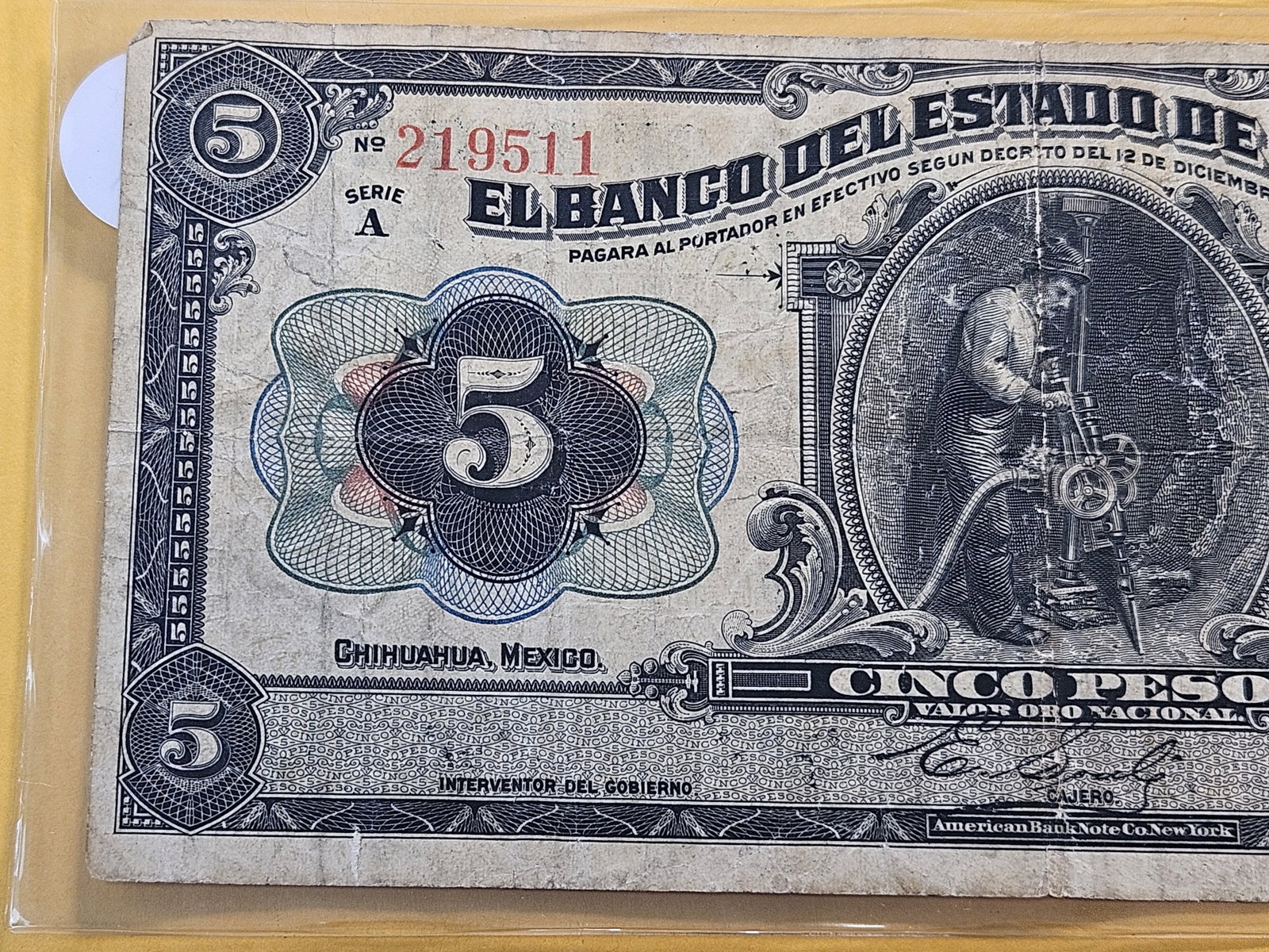 1913 Mexico Five Peso Note with Movie Promotions on the back - 2