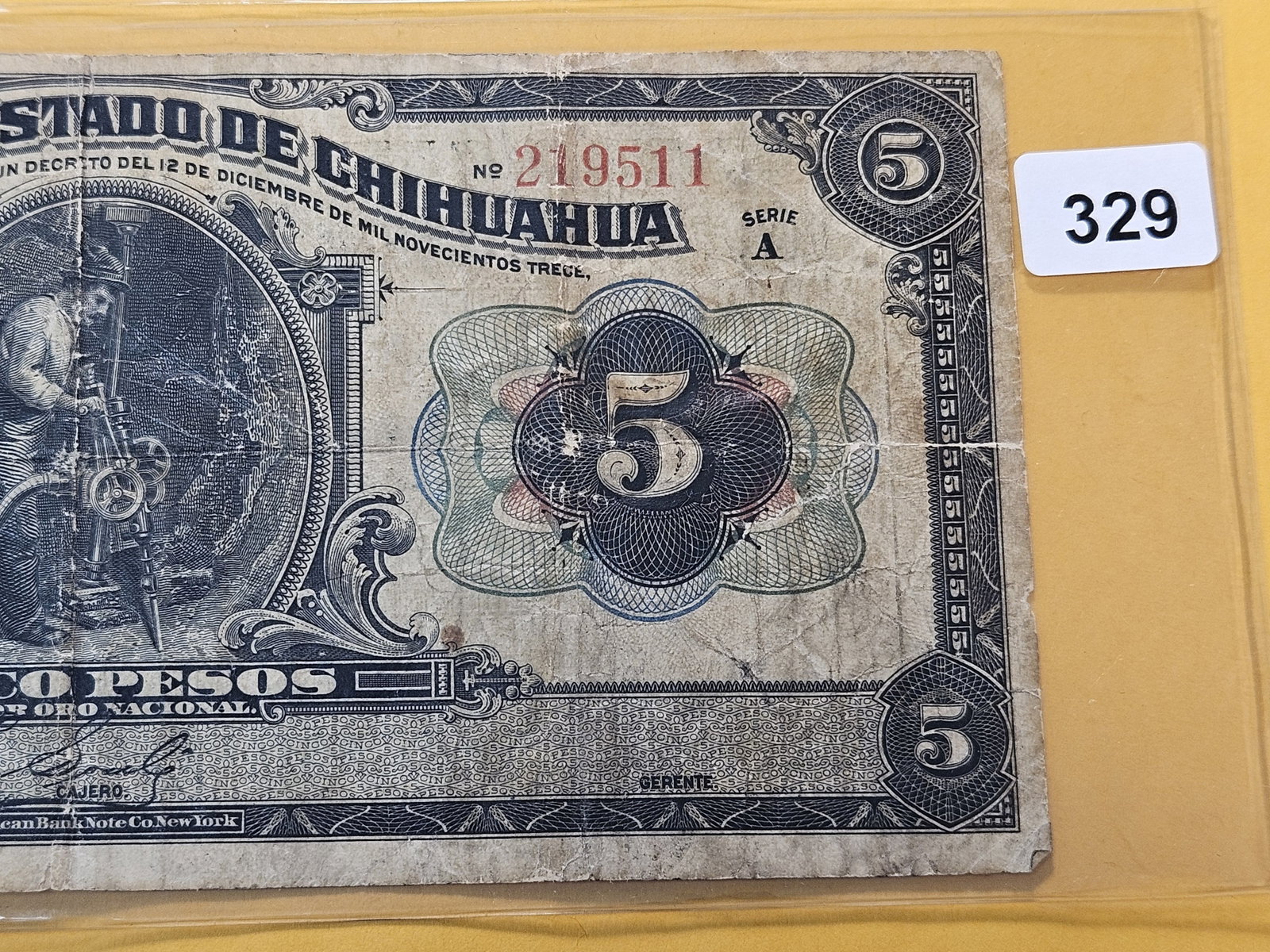 1913 Mexico Five Peso Note with Movie Promotions on the back - 3