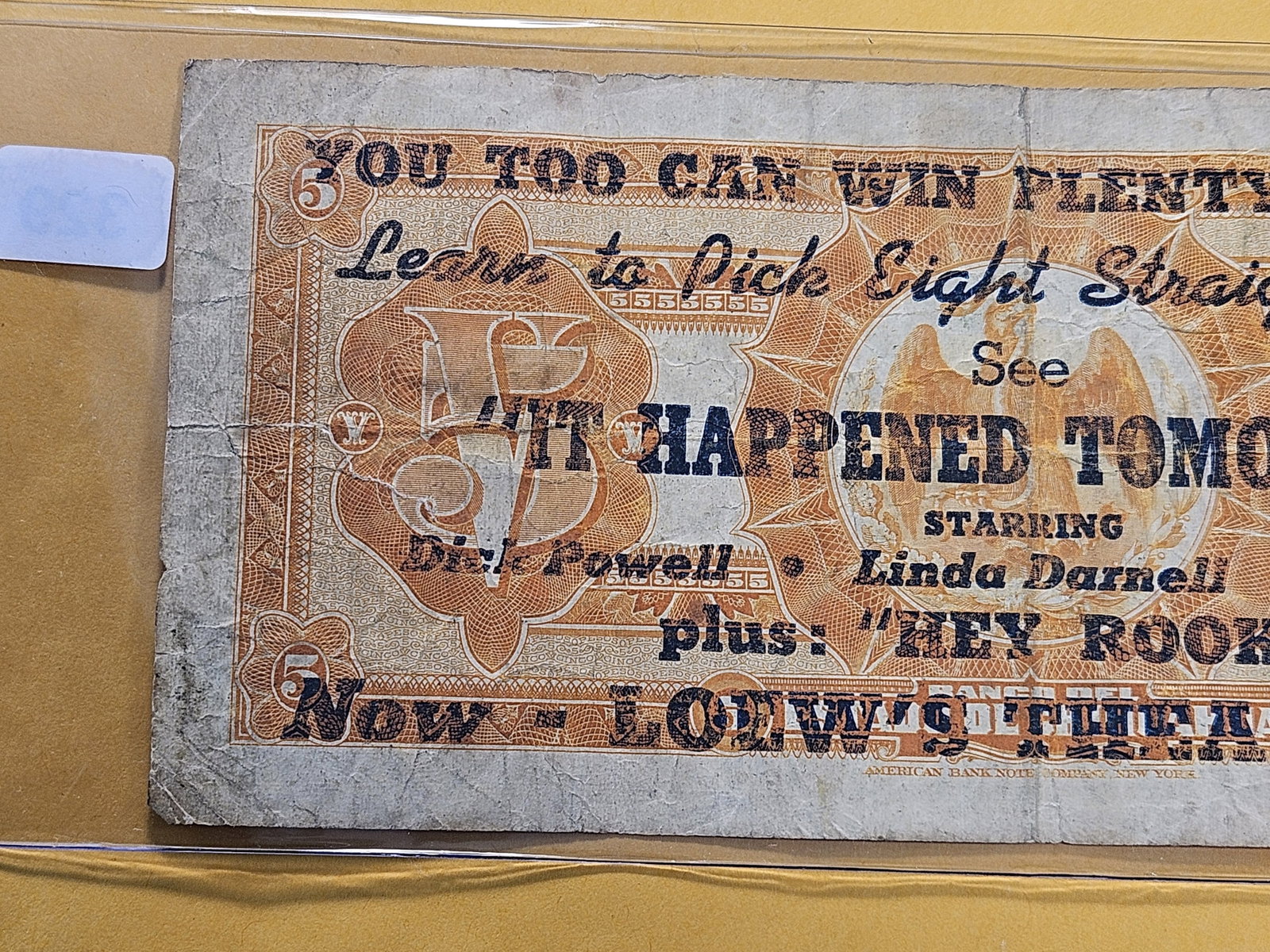 1913 Mexico Five Peso Note with Movie Promotions on the back - 5