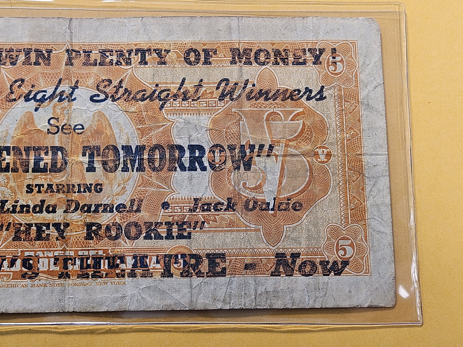 1913 Mexico Five Peso Note with Movie Promotions on the back - 6