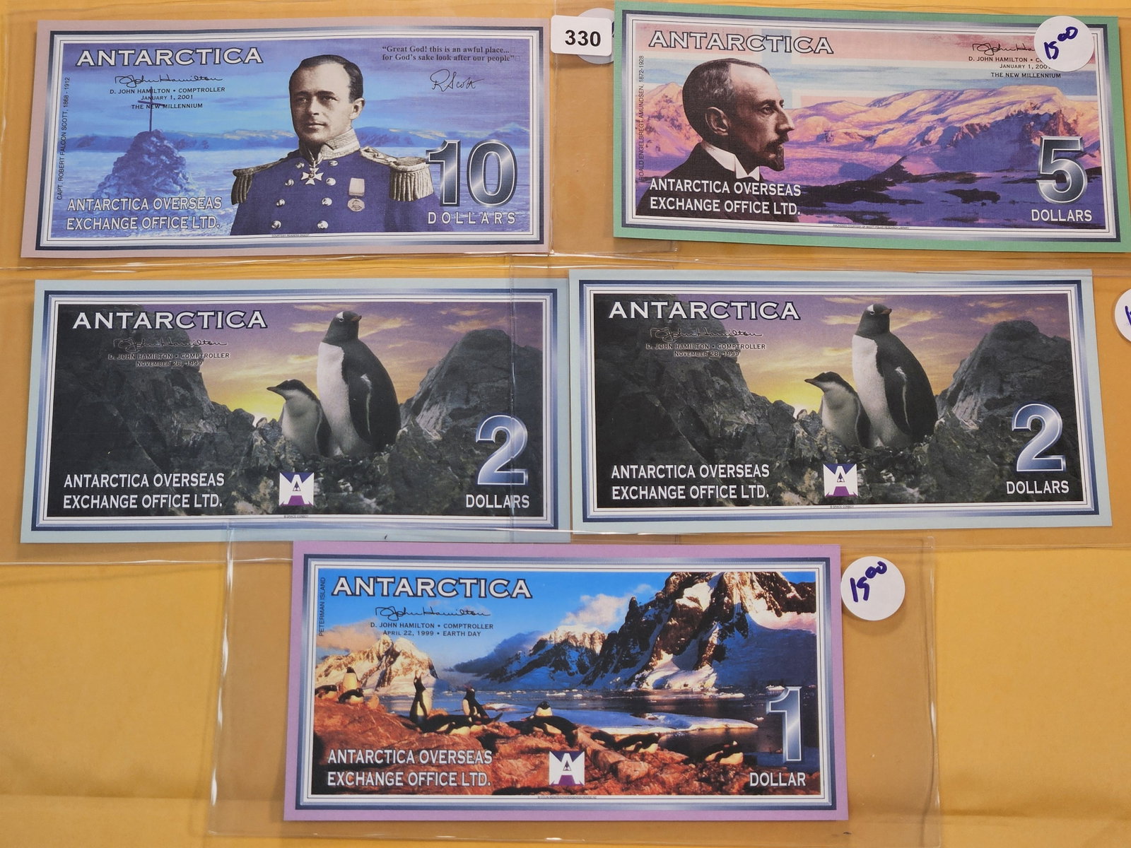 FANTASY NOTES! Five Antarctica Notes: Ten Dollar, Five Dollar, 2 Two Dollar and a One Dollar Notes