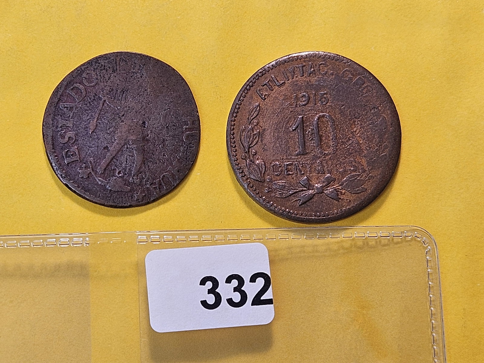 Two Mexican Copper Coins: 1915 Ten Centavos and 1855 First Republic Quarter Real from Chihuahua