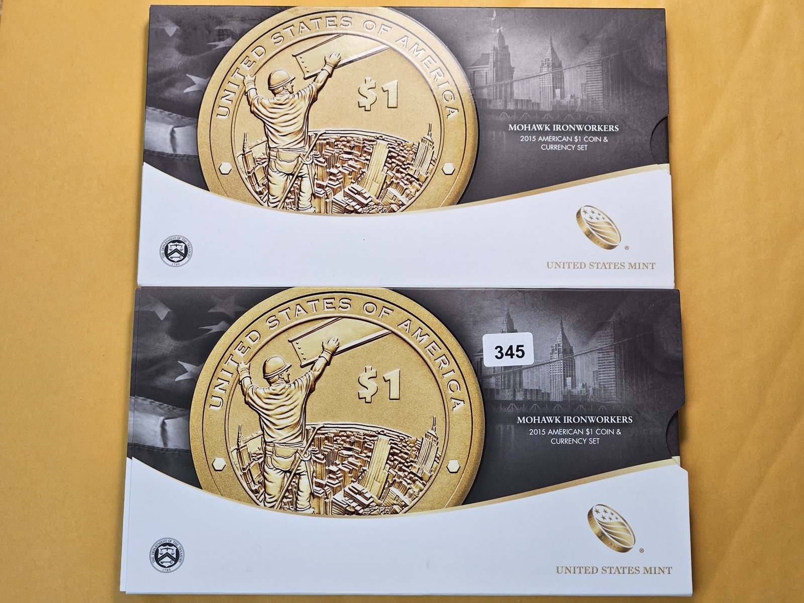 Two US Mint 2015 Dollar Sets: Each set has a Series 2013 Federal Reserve Note and 2015 Reverse Proof Dollar. In Original Government Packaging with Certificates of Authenticity