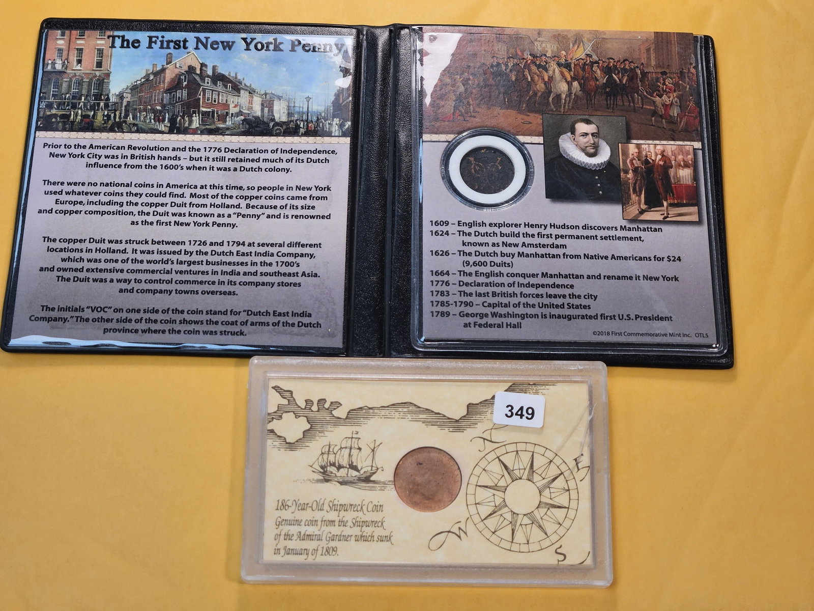 1808 East India X Cash and 1732 Copper Duit: Both are in third party packaging with information about the coin