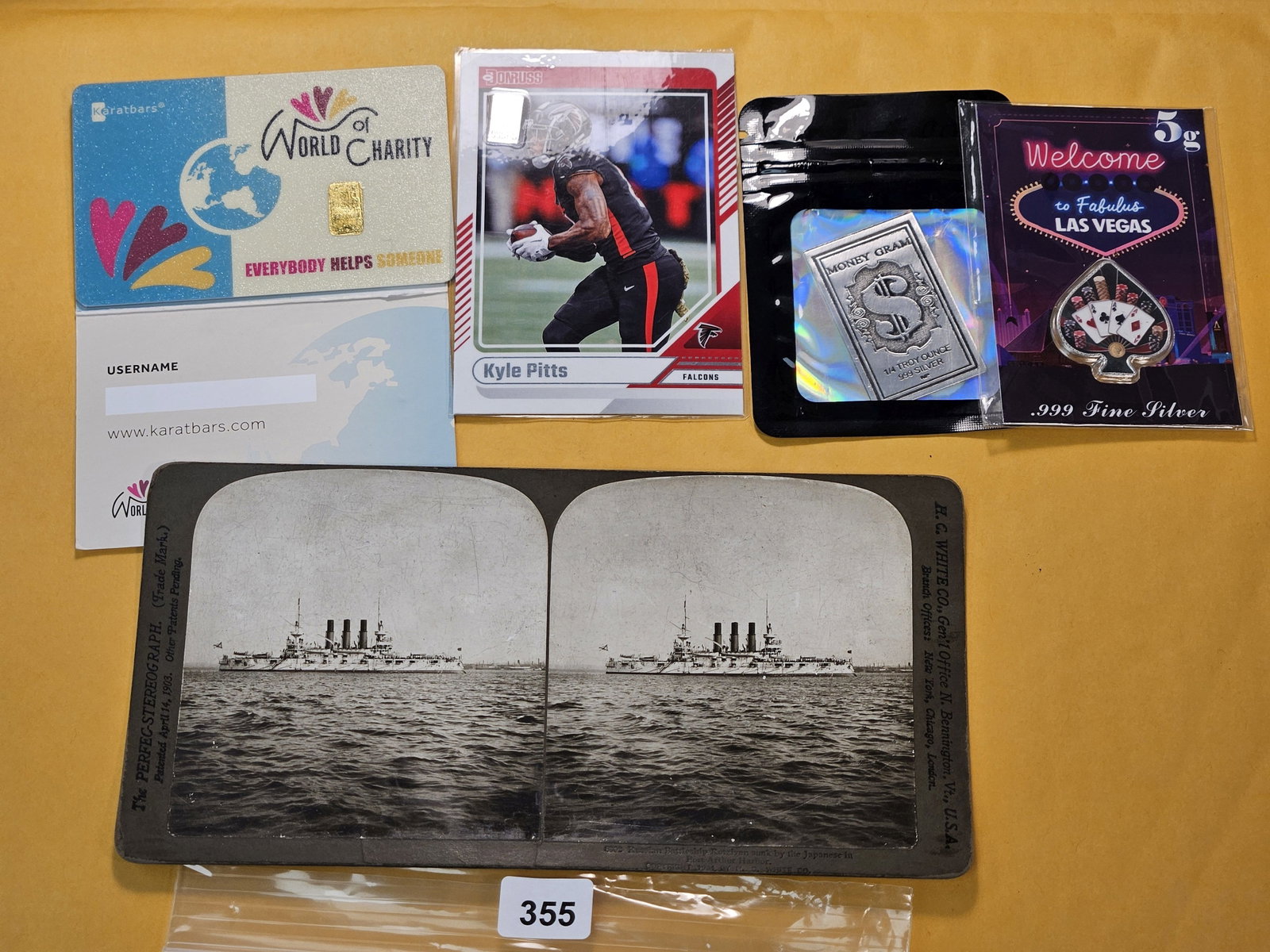 HODGEPODGE LOT!! WITH GOLD AND SILVER!: 0.10 Gram of .999 Fine Gold Bar, 1-grain Silver Bar, 5-Gram Silver Bar and a 1/4 Troy Ounce Silver Bar and an antique Stereoview card of a Russian Battleship