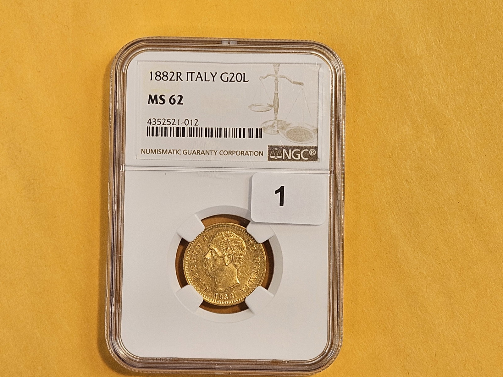 GOLD! NGC 1882R Italy Gold 20 Lira in Mint State 62 - 2
