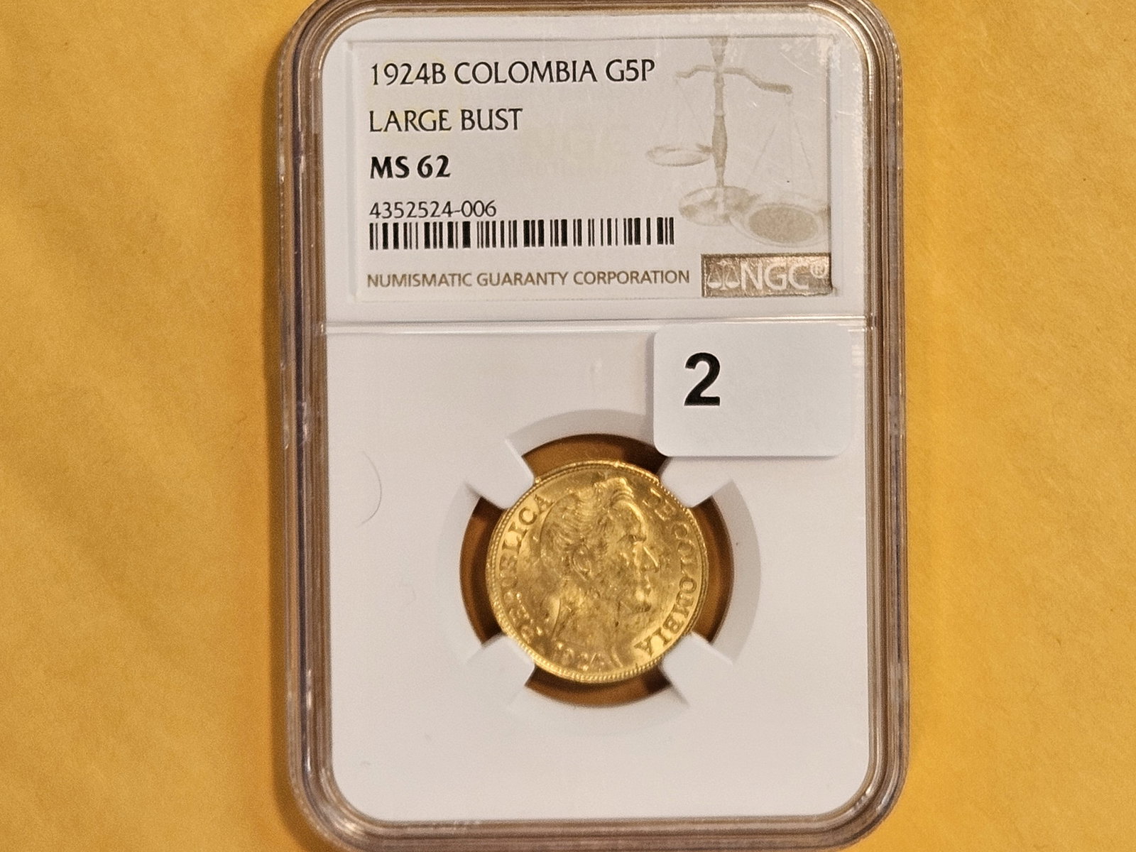 GOLD! NGC 1924-B Colombia Gold 5 Pesos in Mint State 62 - 2