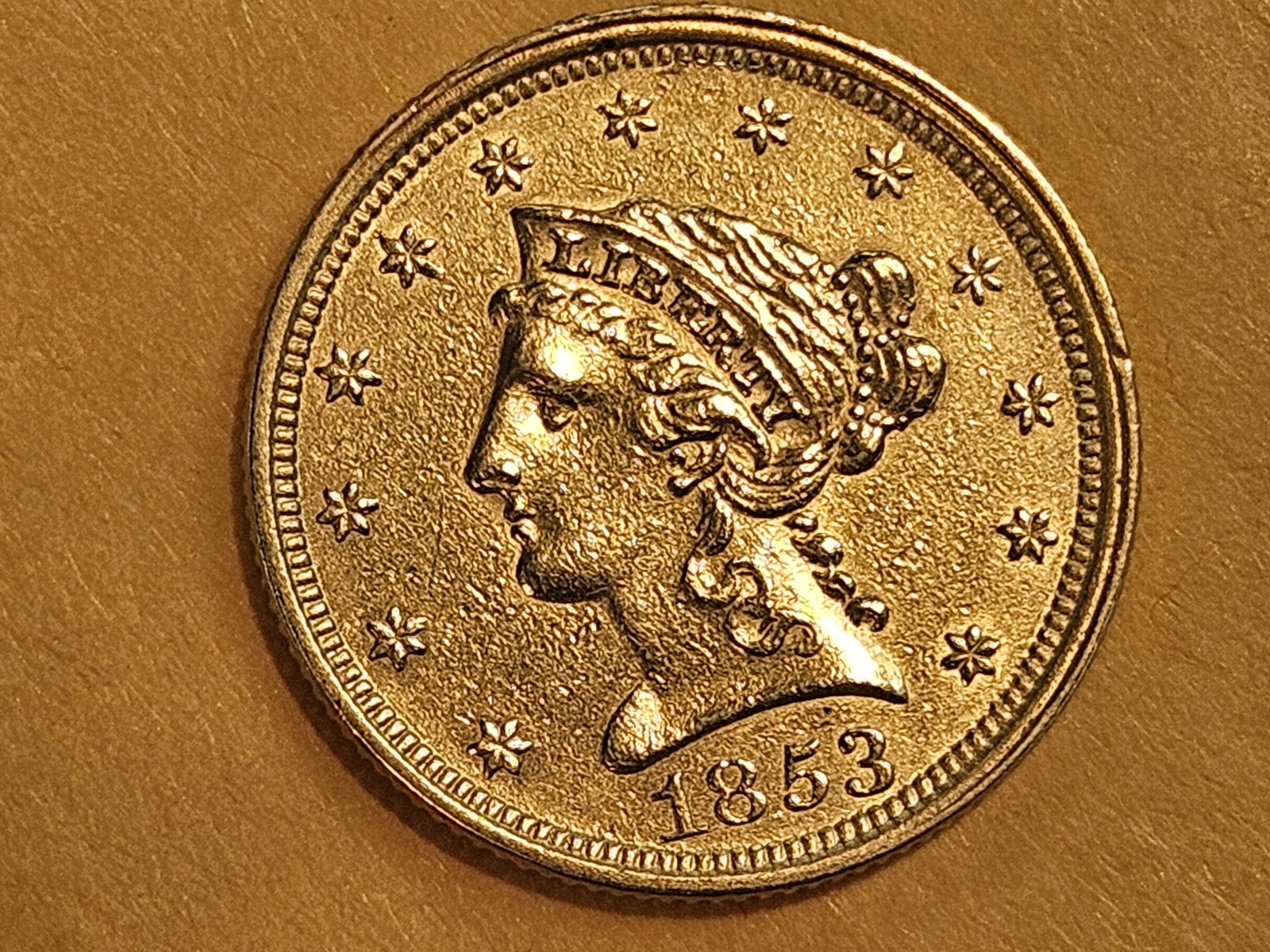 GOLD! Brilliant 1853 Liberty Head 2.5 Dollar Gold Quarter Eagle (1 of 5)