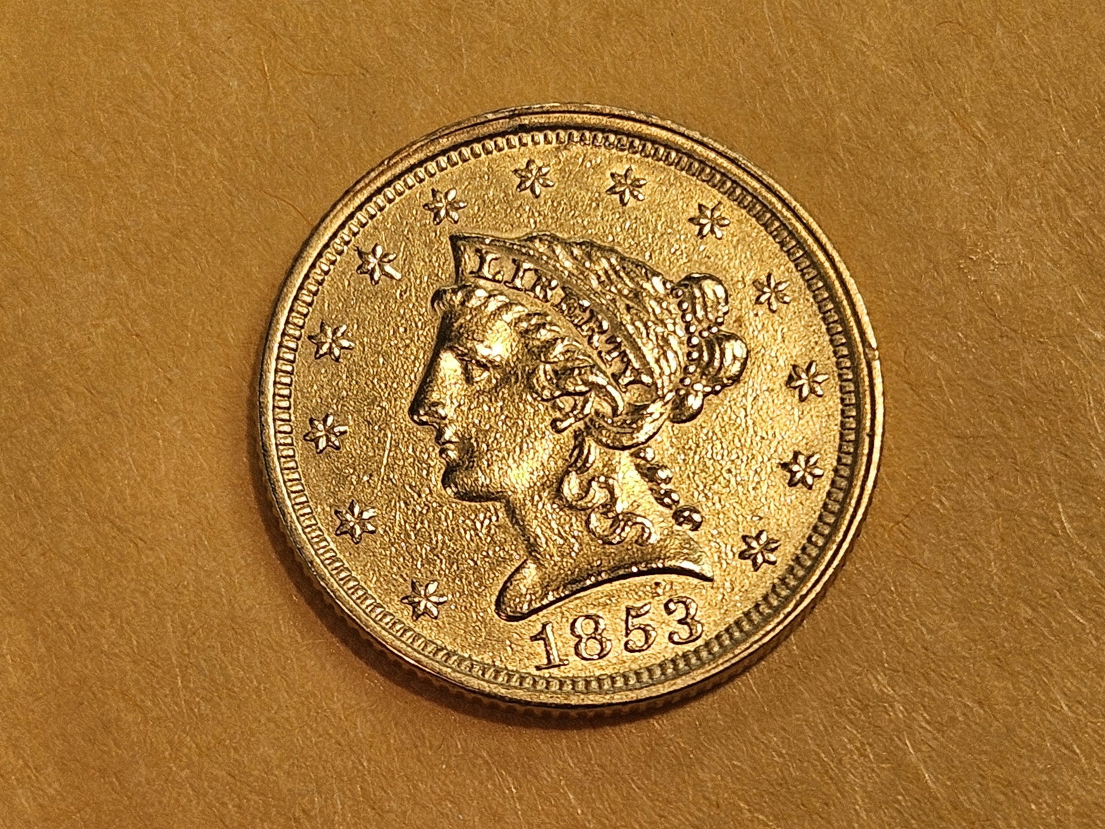 GOLD! Brilliant 1853 Liberty Head 2.5 Dollar Gold Quarter Eagle - 3