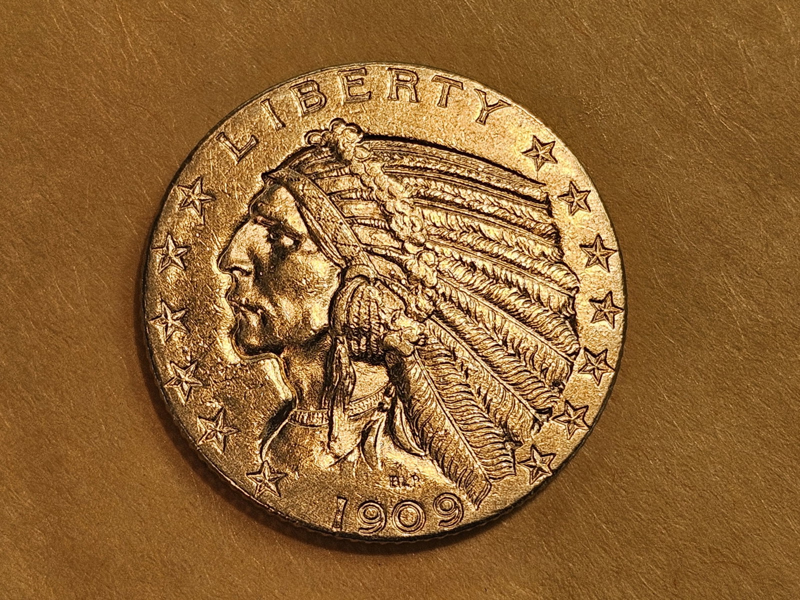 GOLD! Brilliant About Uncirculated plus 1909-D Gold Indian Five Dollars: Half-Eagle