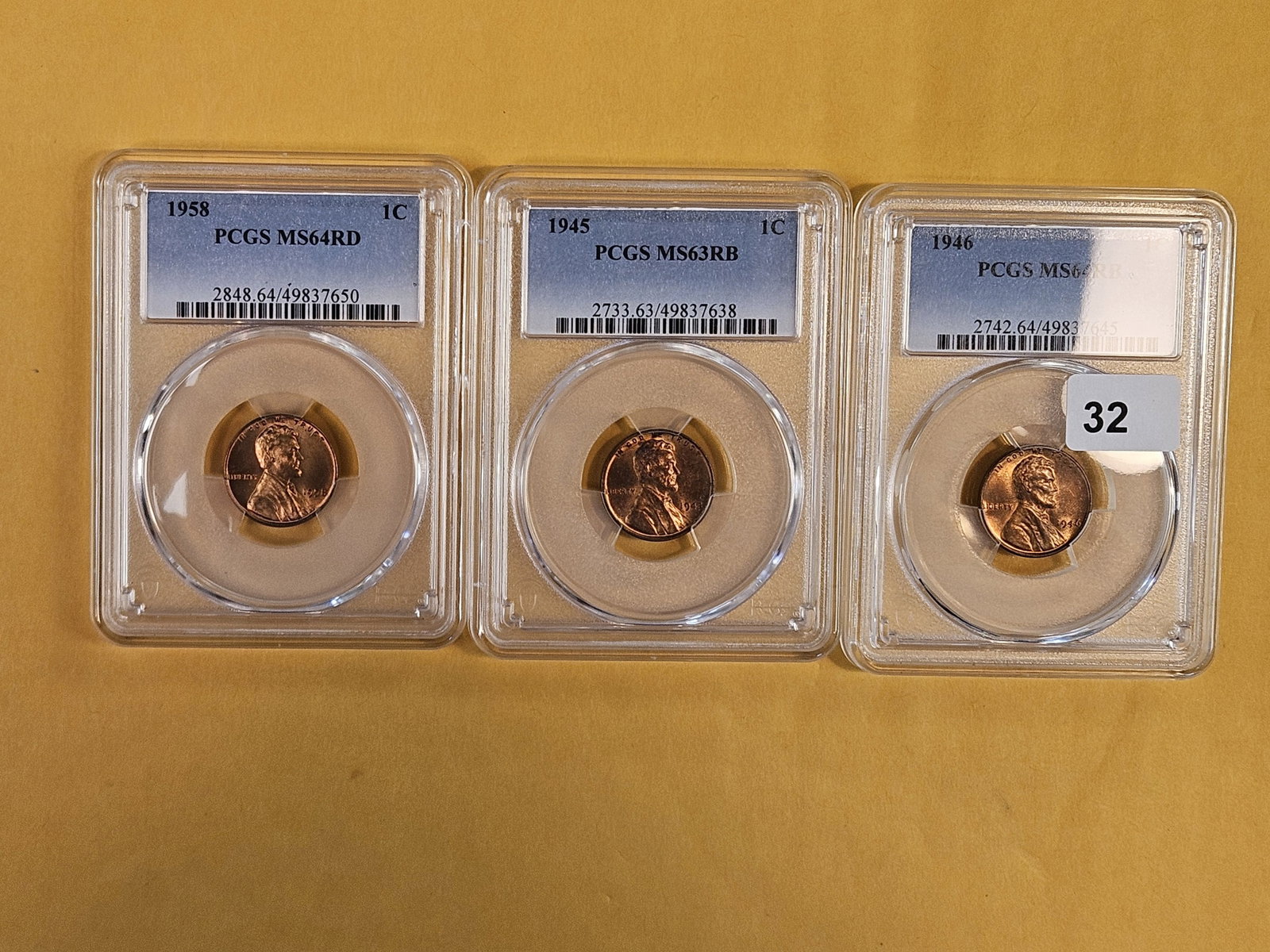 Three PCGS-graded Red and Red-Brown Wheat cents: 1958, 1945 and 1946