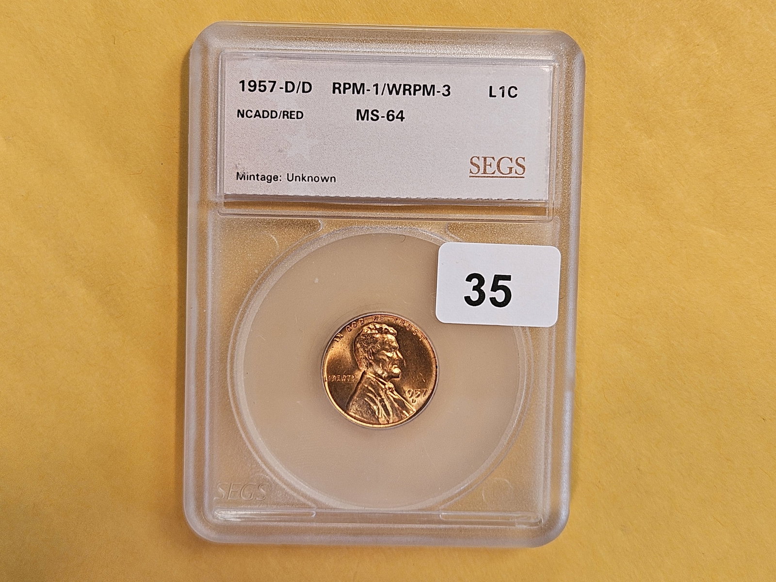 VARIETY! SEGS 1957-D/D Wheat cent in Mint State 64 RED: RPM-1. WRPM-3