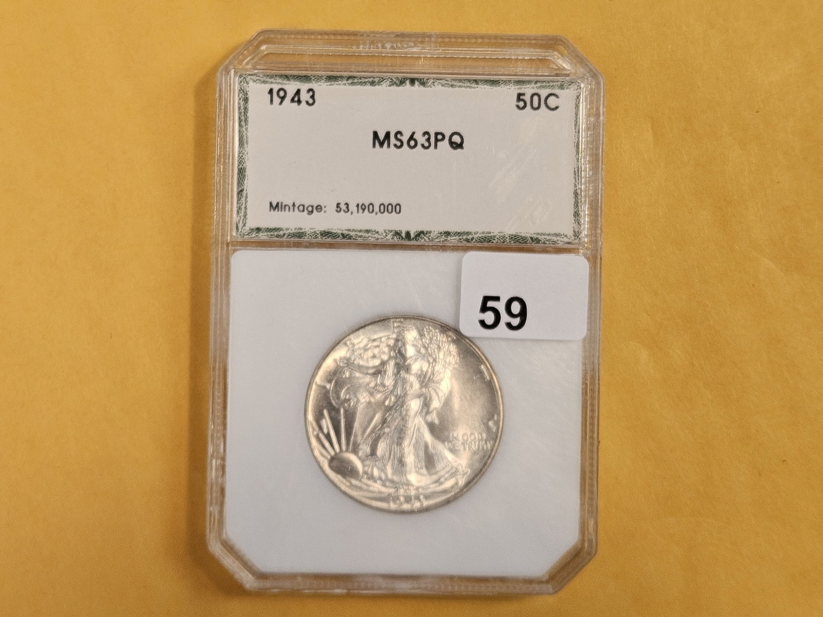 PCI 1943 Walking Liberty silver Half Dollar in Mint State 63 PQ - 2