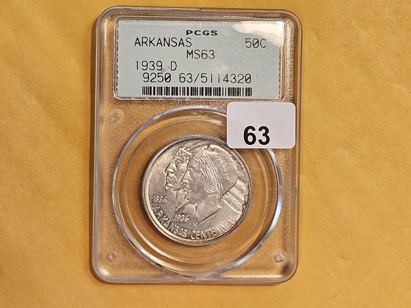 PCGS OGH 1939-D Arkansas Commemorative silver half dollar in Mint State 63 - 2