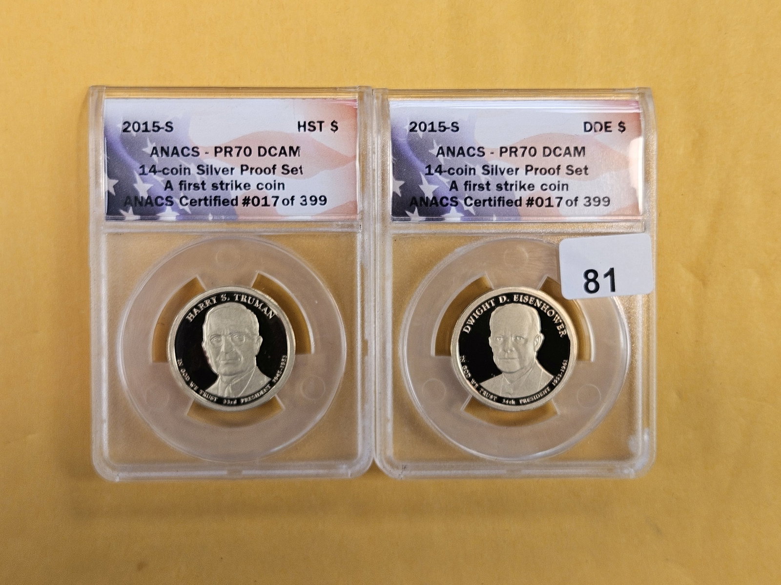 PERFECT! Two ANACS-graded Proof 70 Deep Cameo Presidential Dollars: Truman and Eisenhower