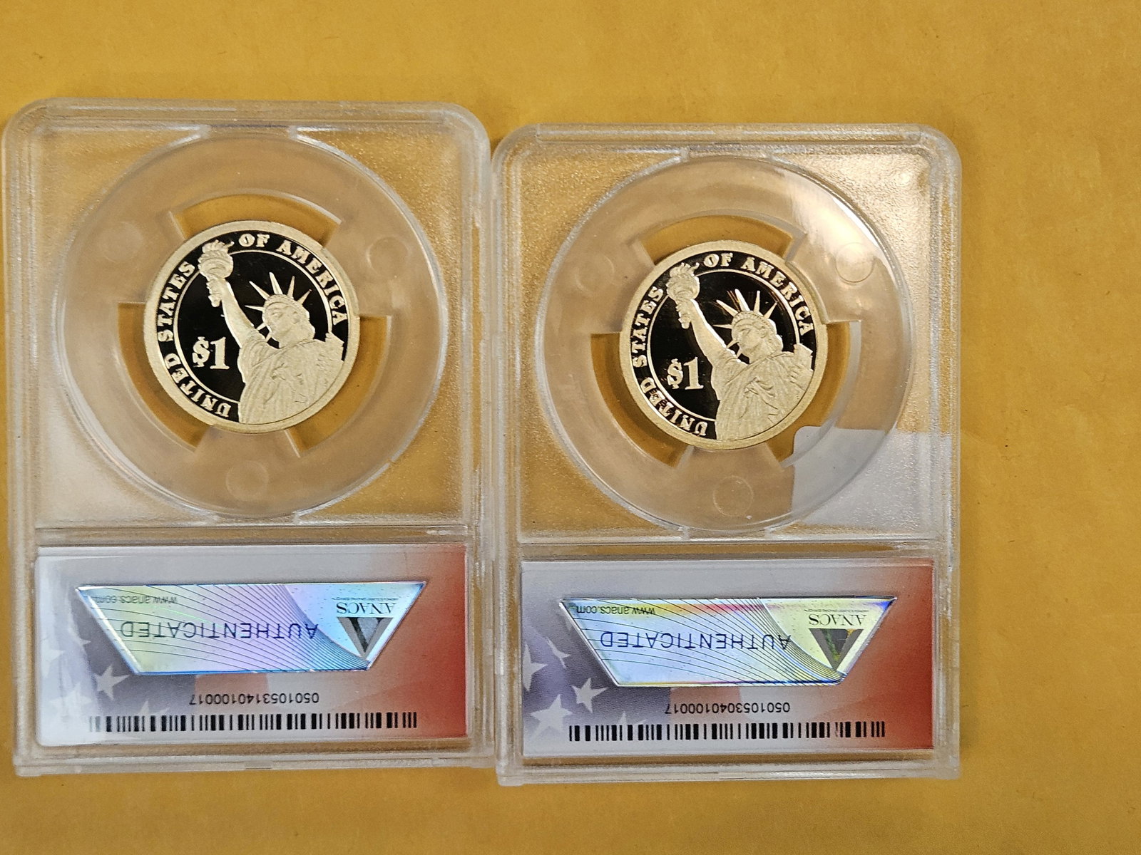 PERFECT! Two ANACS-graded Proof 70 Deep Cameo Presidential Dollars - 2
