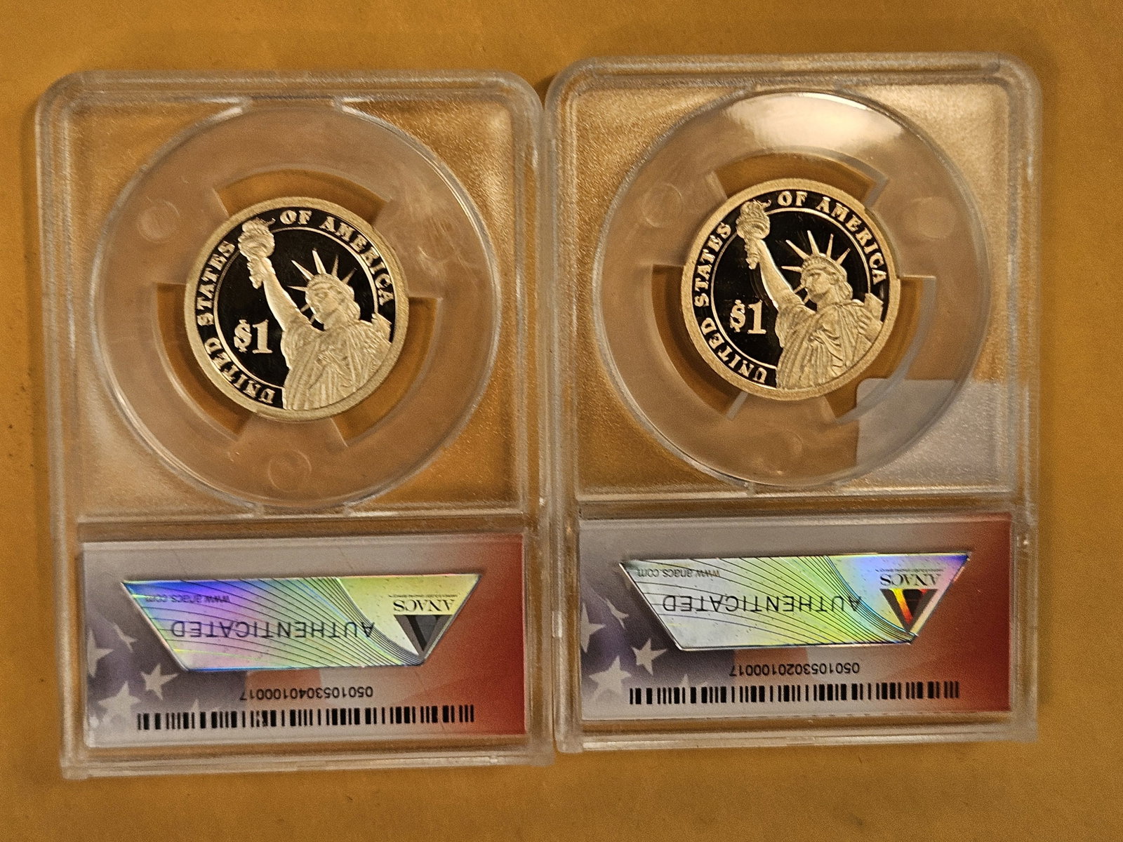 PERFECT! Two ANACS-graded Proof 70 Deep Cameo Presidential Dollars - 2