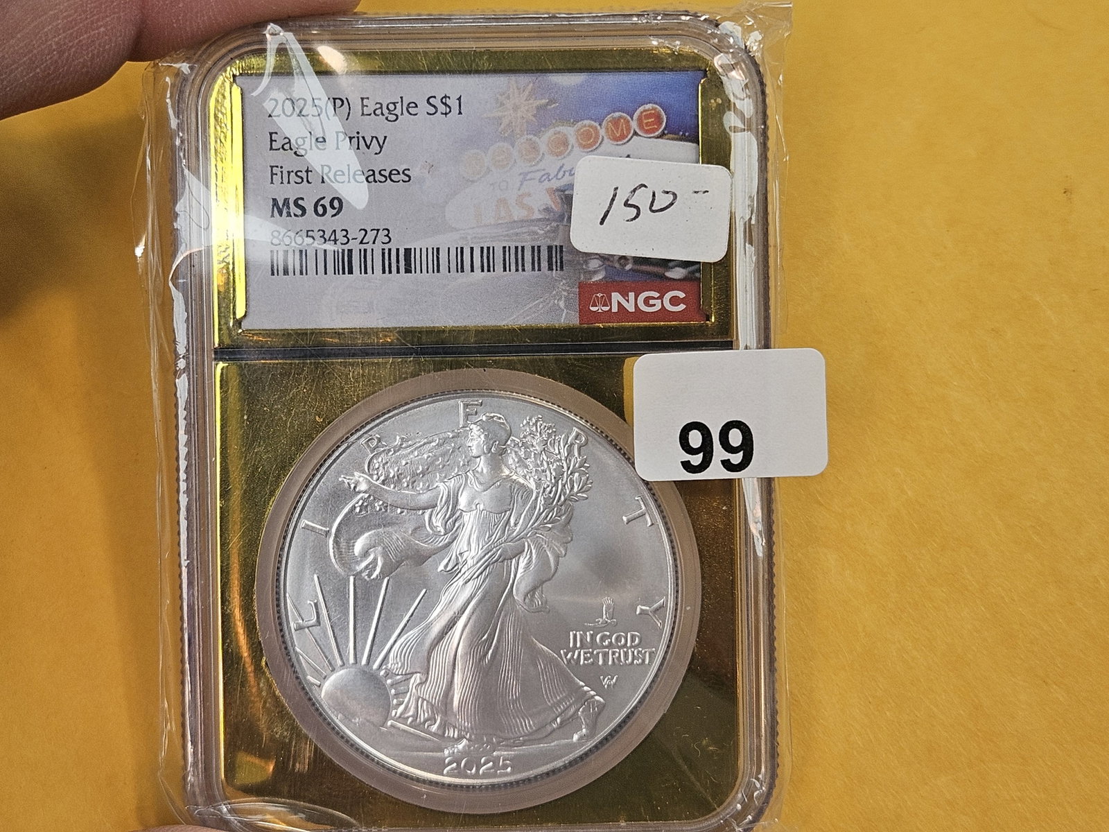Eagle Privy Mark!! NGC 2025(P) American Silver Eagle: Graded in Mint State 69. Gold slab. Cool flying eagle privy on the obverse