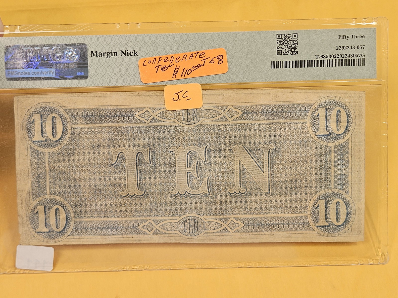 PMG 1864 Confederate States of America $10 in About Uncirculated - 53 - 2