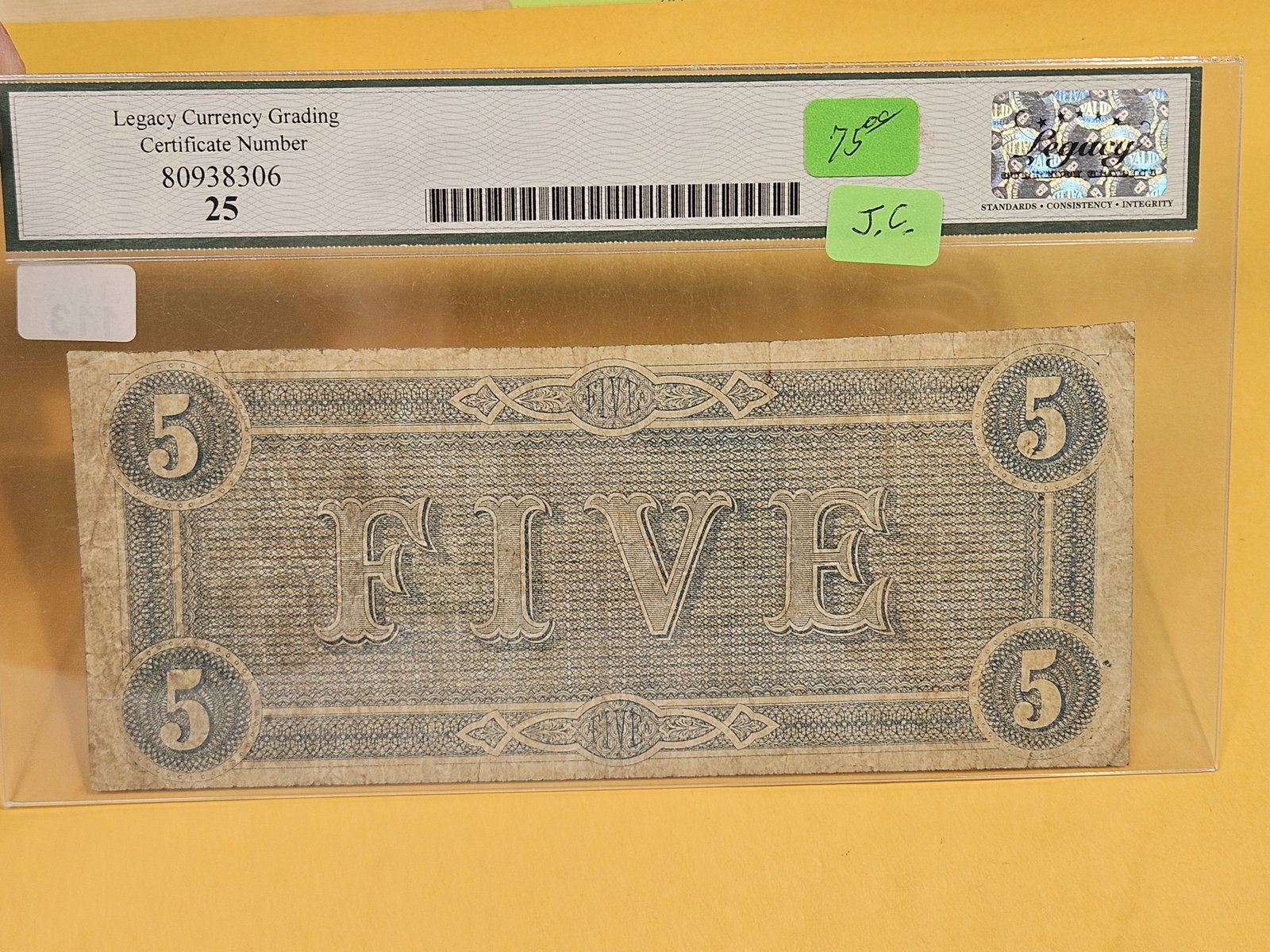 Legacy Currency Grading 1864 $5 Confederate States of America in Very Fine - 25 - 2