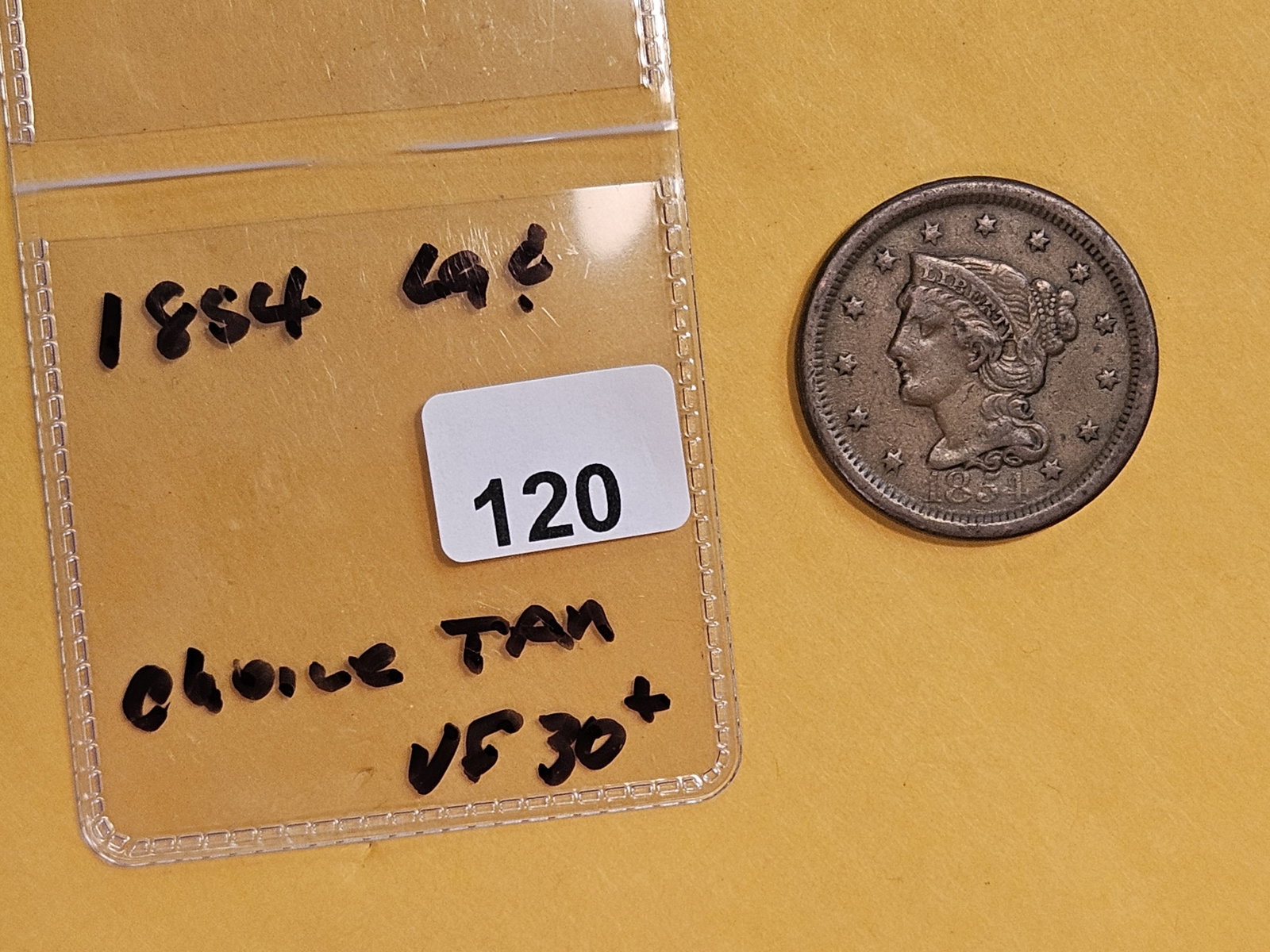 1854 Braided Hair Large Cent in Very Fine - 30 plus - 2