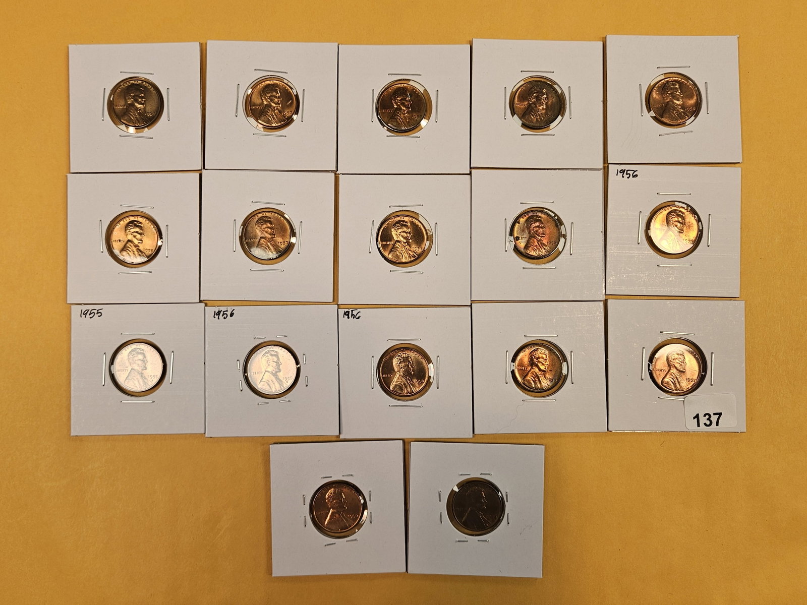 Seventeen Brilliant Uncirculated Wheat cents: All 1950's. From Mint Sets and Capital Plastic holders. Red and Red-Brown