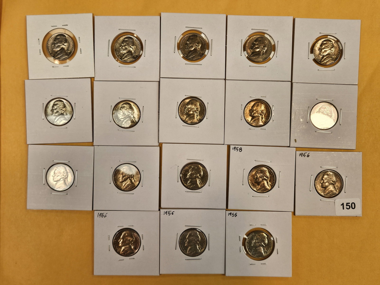 Eighteen mixed Brilliant Uncirculated or better Jefferson Nickels: All 1950's. From Mint Sets and Capital Plastic holders. Some with great toning