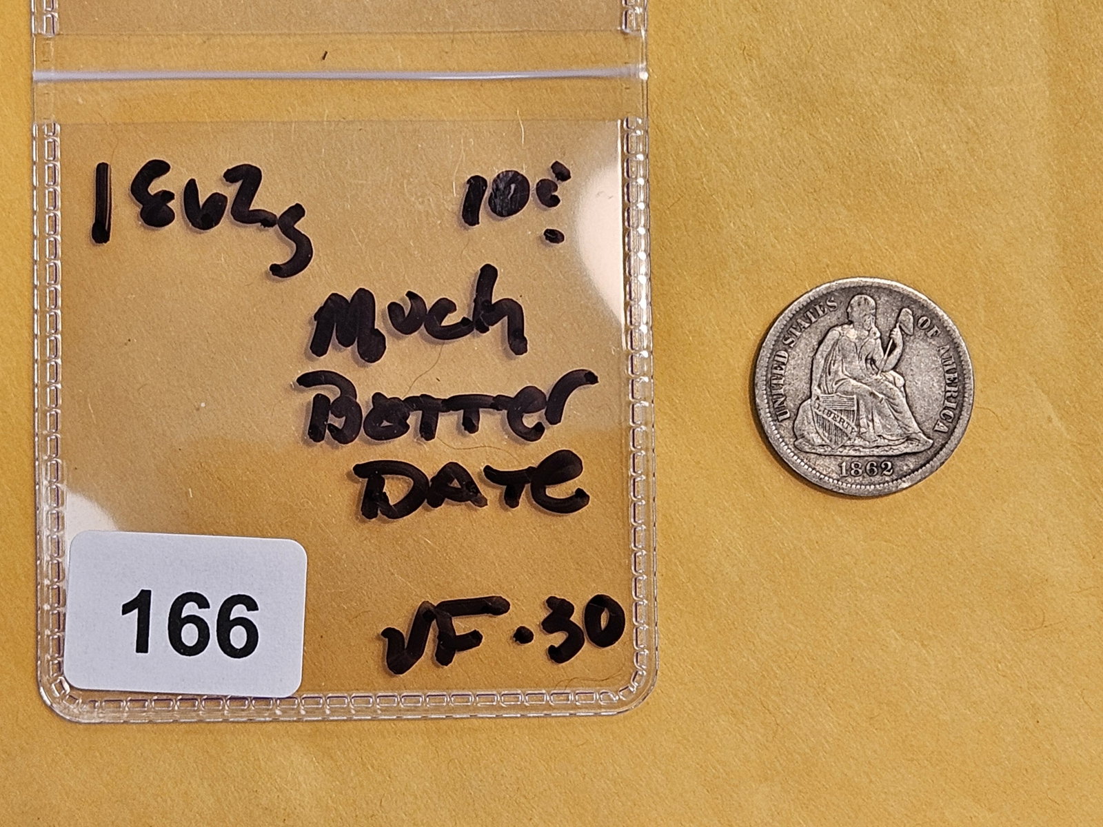 * KEY DATE * 1862-S Seated Liberty Silver Dime in Very Fine - 30 - 2
