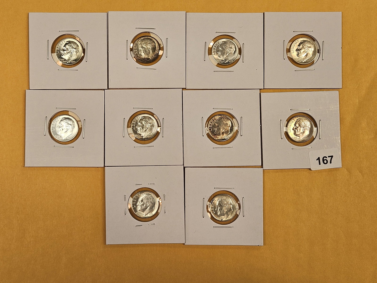 Ten Brilliant Uncirculated silver Roosevelt Dimes: All Very Choice to GEM. Some with nice toning