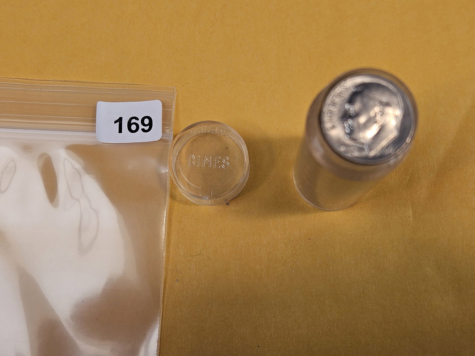 Better Date roll of Brilliant Uncirculated 1969 Roosevelt Dimes: From dealer. Unchecked by us. Top couple are gemmy