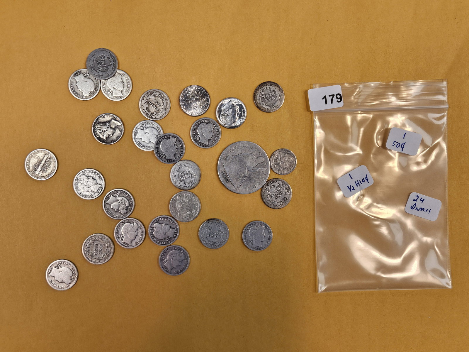 Silver, mostly dime, mixer: Twenty-four silver dimes, one half-dime and one Half-dollar