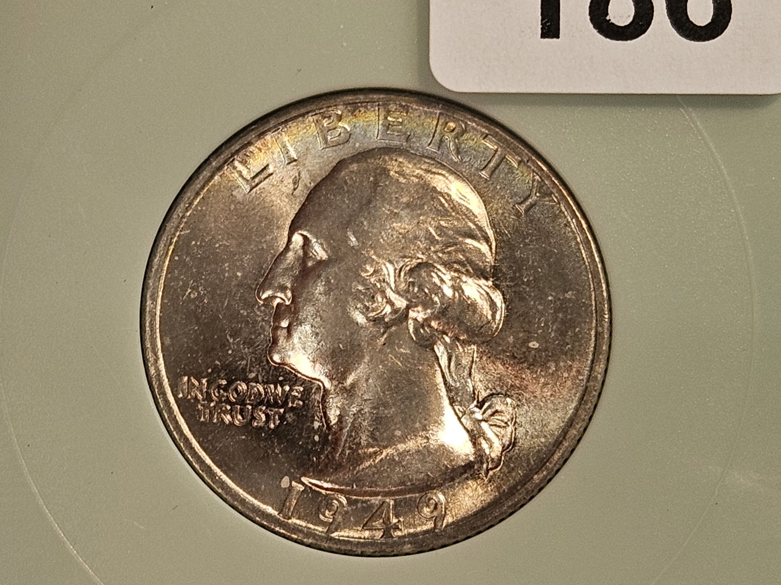 Very Choice brilliant Uncirculated plus 1949 Washington Quarter: In off-brand holder. Great patina