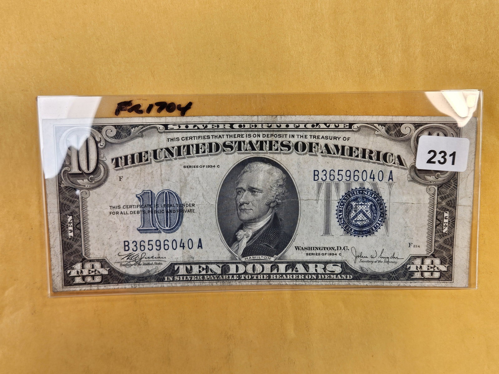 Series of 1934-C Ten Dollar Silver Certificate (1 of 2)