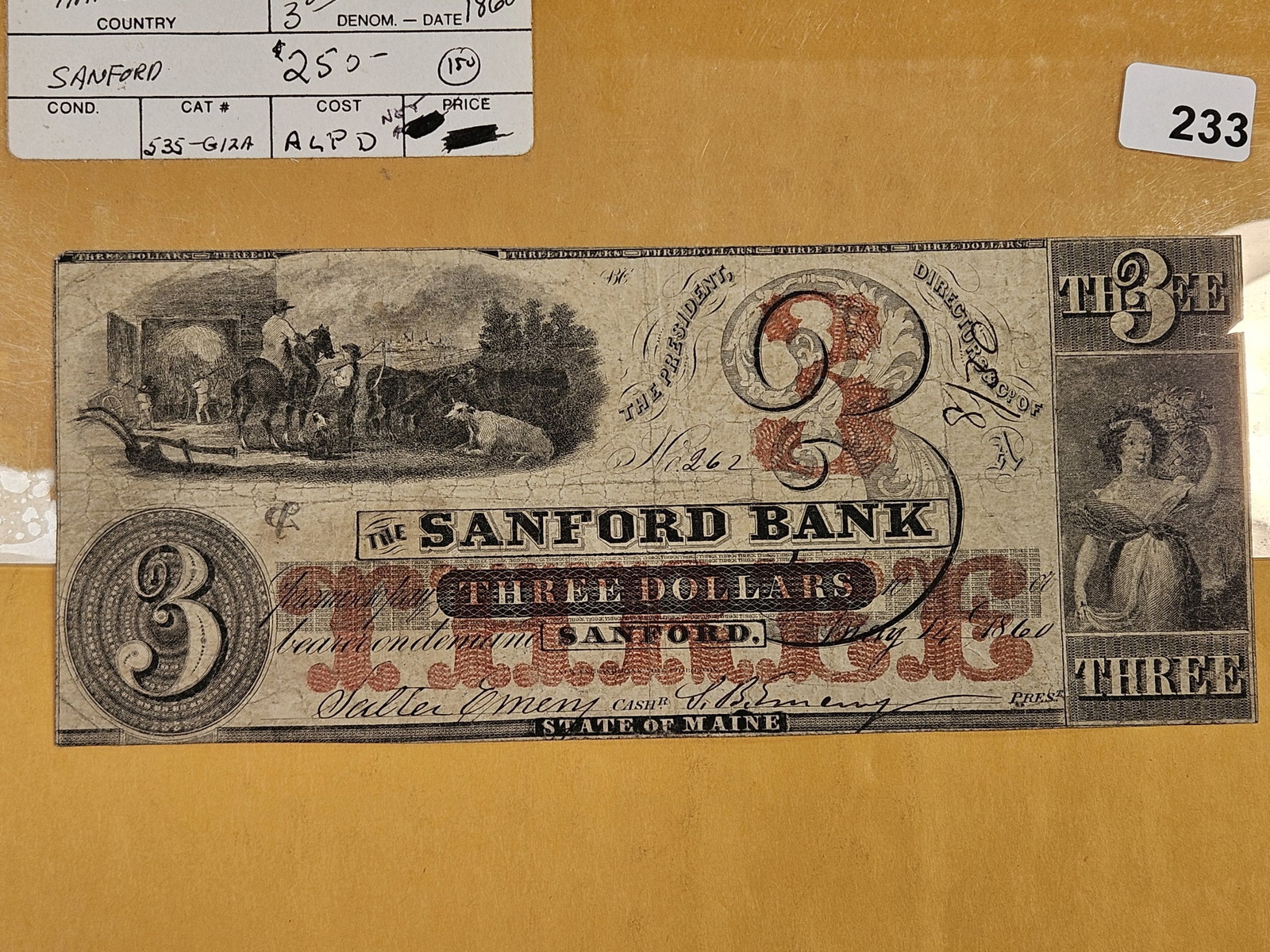 1860 State of Maine Three Dollar Note - 2