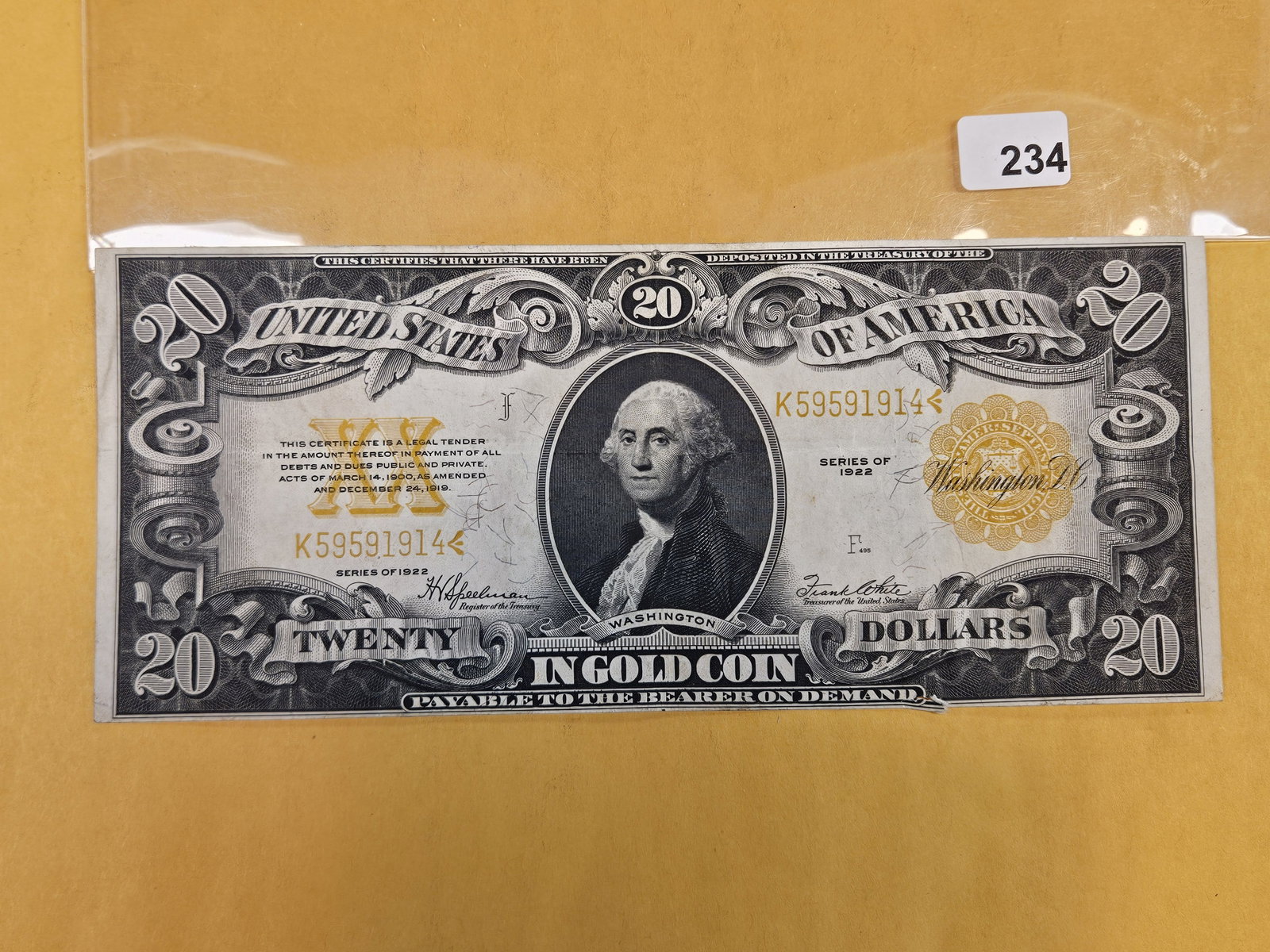 Crisp Series of 1922 Twenty Dollar GOLD Note: Legal Tender. Large Size. Great color and corners. Looks maybe XF plus?