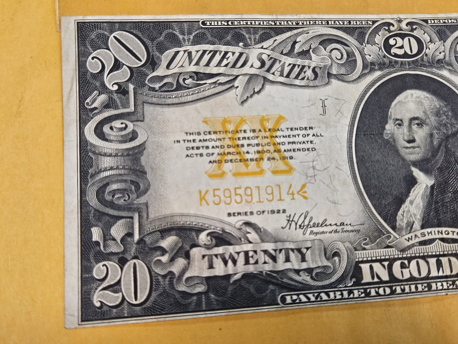Crisp Series of 1922 Twenty Dollar GOLD Note - 2
