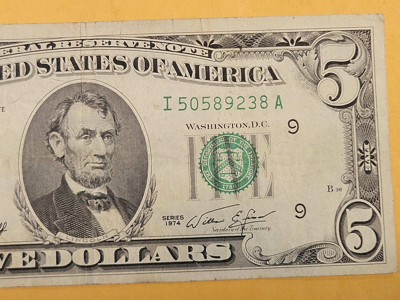 BEP ERROR! Series 1974 Five Dollar FRN - 3