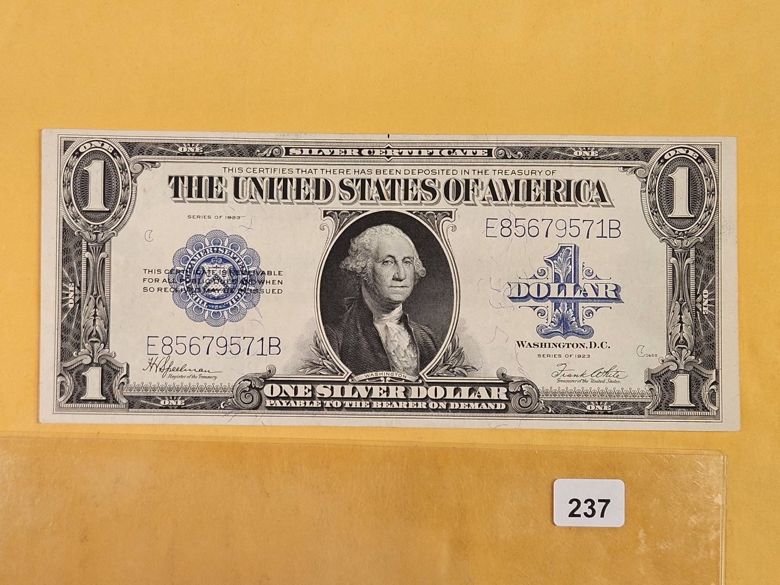 * Choice Crisp Uncirculated Series 1923 One Dollar Silver Certificate: Large Size. Horse Blanket. Super Crispy and sharp! Excellent color!