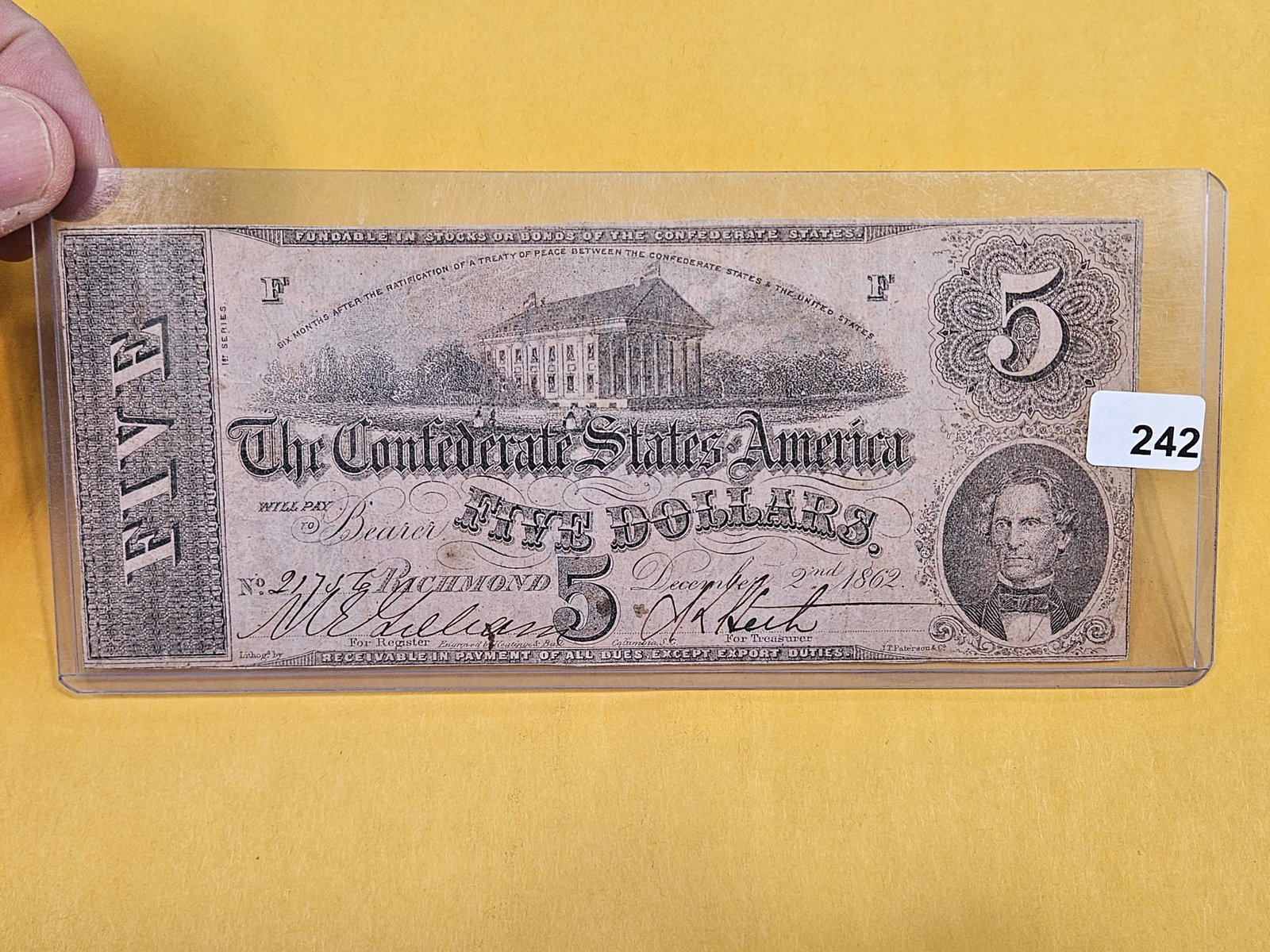 1862 Confederate States of America Five Dollars: T-53