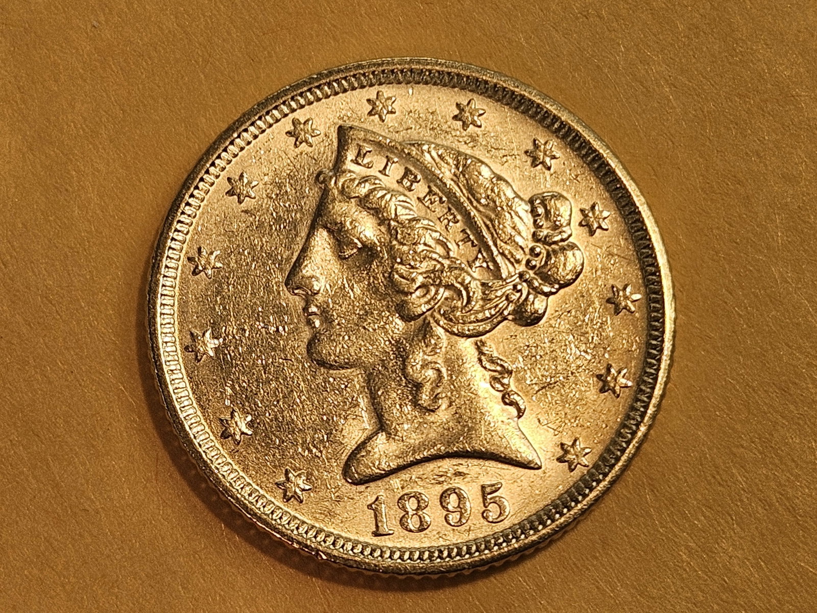 GOLD! Brilliant About Uncirculated plus 1895 Gold Liberty Head Five Dollars: Half Eagle