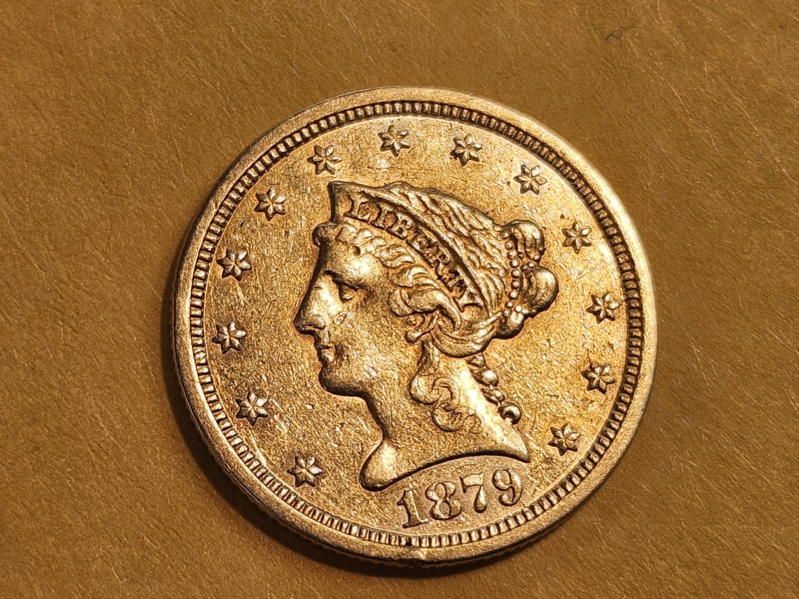 GOLD! Brilliant About Uncirculated 1879-S Liberty Head Gold $2.5 Dollars: Quarter Eagle