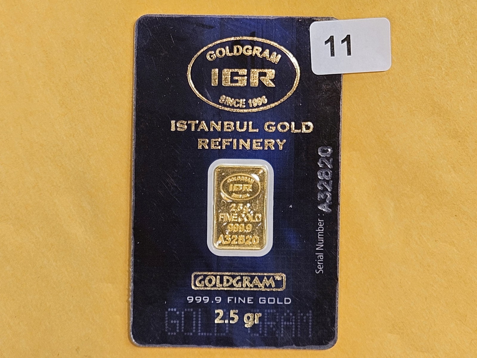 GOLD! Istanbul Gold Refinery 2.5 Gram .9999 fine gold bar: In original assay certificate
