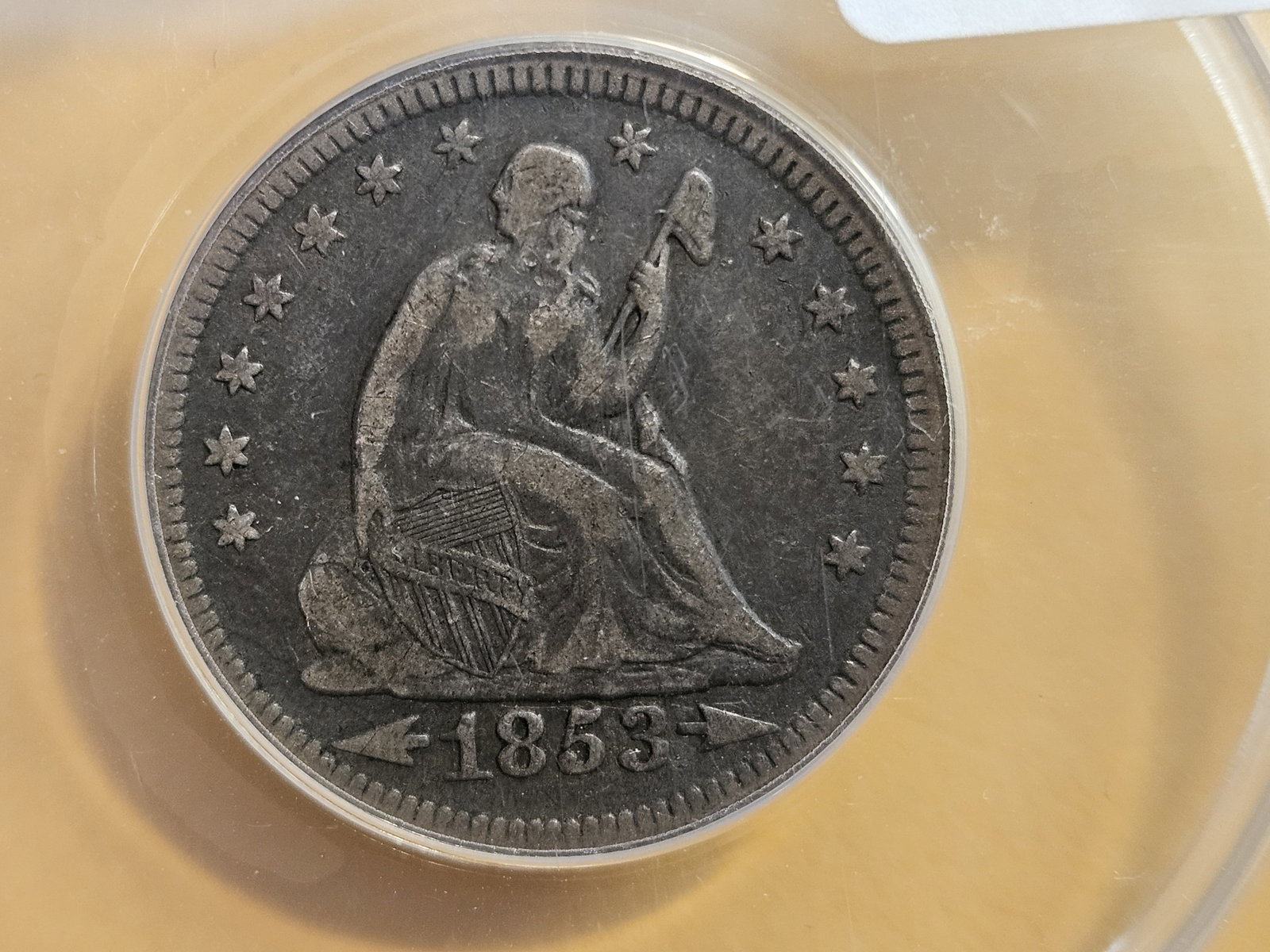 ANACS 1853 With Arrows and Rays Seated Liberty Silver Quarter: Graded in Very Fine - 20